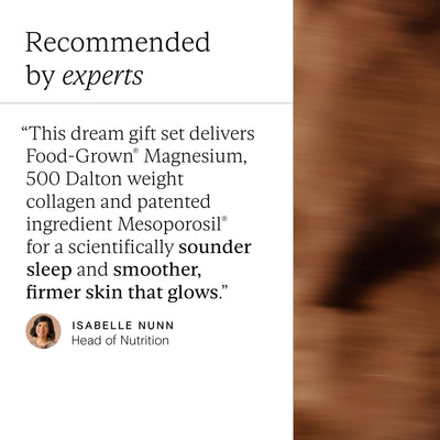 Product advertisement with text about food-grown magnesium, collagen, and mesoporosil for sleep and skin improvement, featuring head of nutritions endorsement.