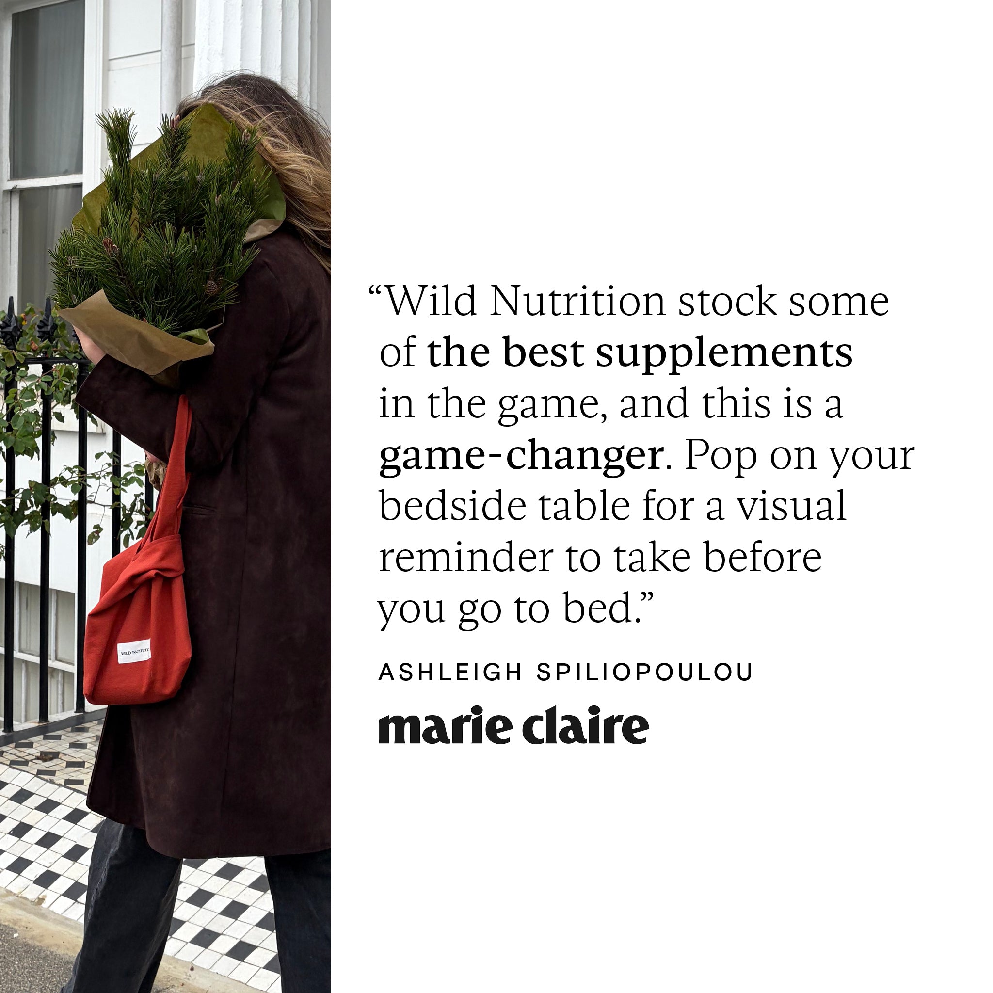 Person carrying a red bag with text about Wild Nutrition supplements from Marie Claire.