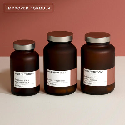 Wild Nutrition breastfeeding support trio for women featuring pregnancy and new mother vitamins in amber glass jars.