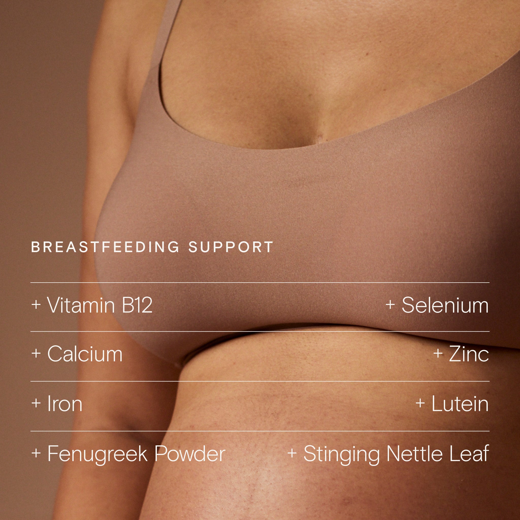 Breastfeeding support supplements listed: Vitamin B12, Calcium, Iron, Selenium, Zinc, Lutein, Fenugreek, Stinging Nettle.