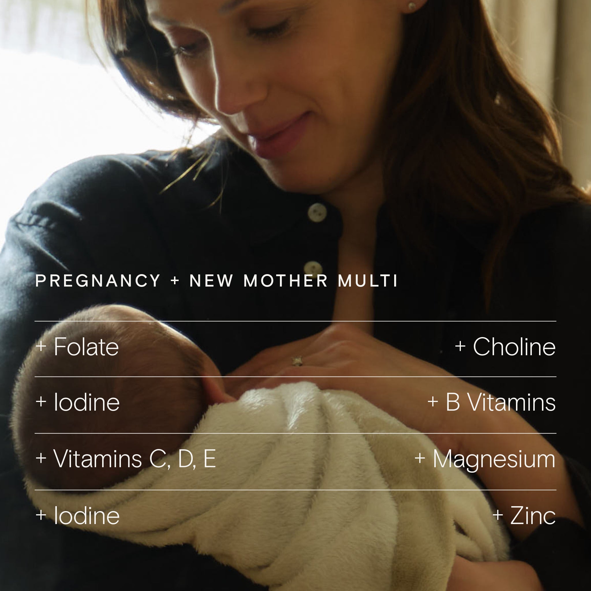 Mother with baby highlighting Pregnancy + New Mother Multi nutrients: Folate, Iodine, Vitamins C, D, E, Choline, Magnesium, Zinc.