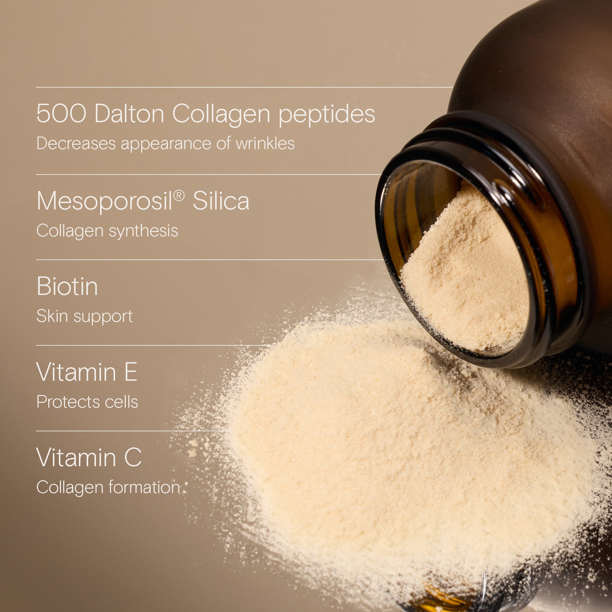500 Dalton Collagen peptides, Mesoporosil® Silica, Biotin, Vitamin E, and C for enhanced collagen synthesis and skin support.