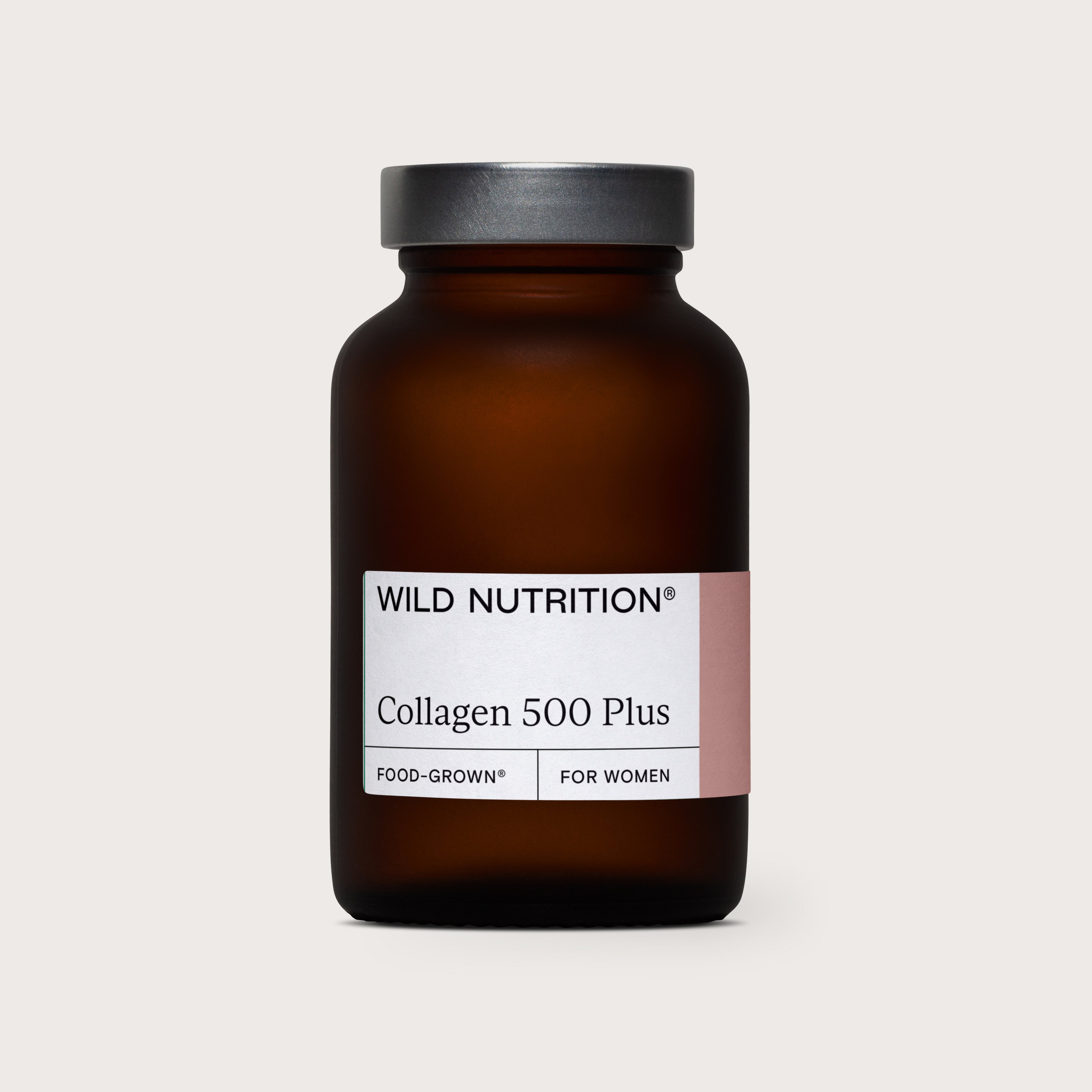 Wild Nutrition Collagen 500 Plus powder in amber glass jar with Friend of the Sea certification, designed to support skin health, elasticity, and collagen production for women