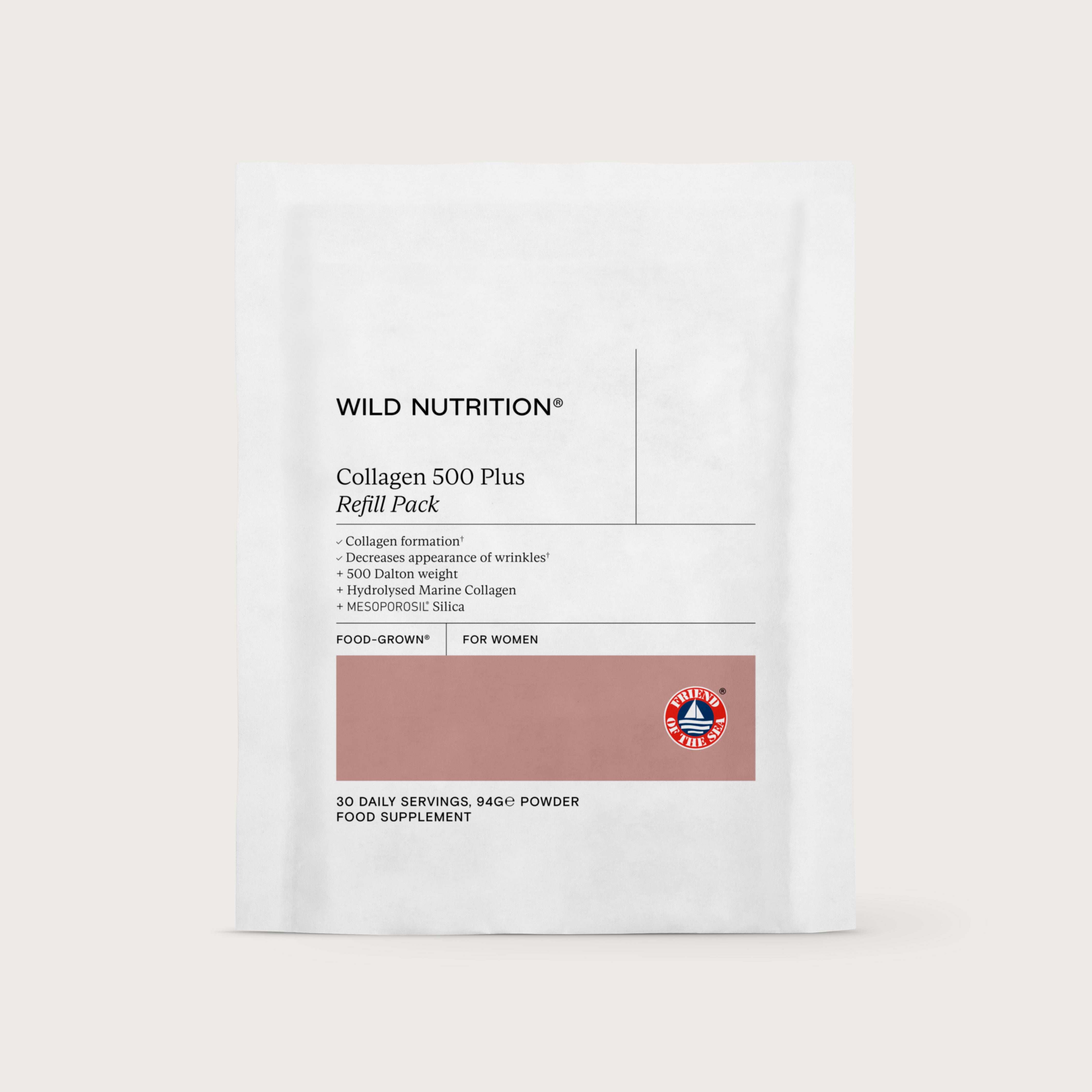 Wild Nutrition Collagen 500 Plus powder in recycled pouch with Friend of the Sea certification, designed to support skin health, elasticity, and collagen production for women