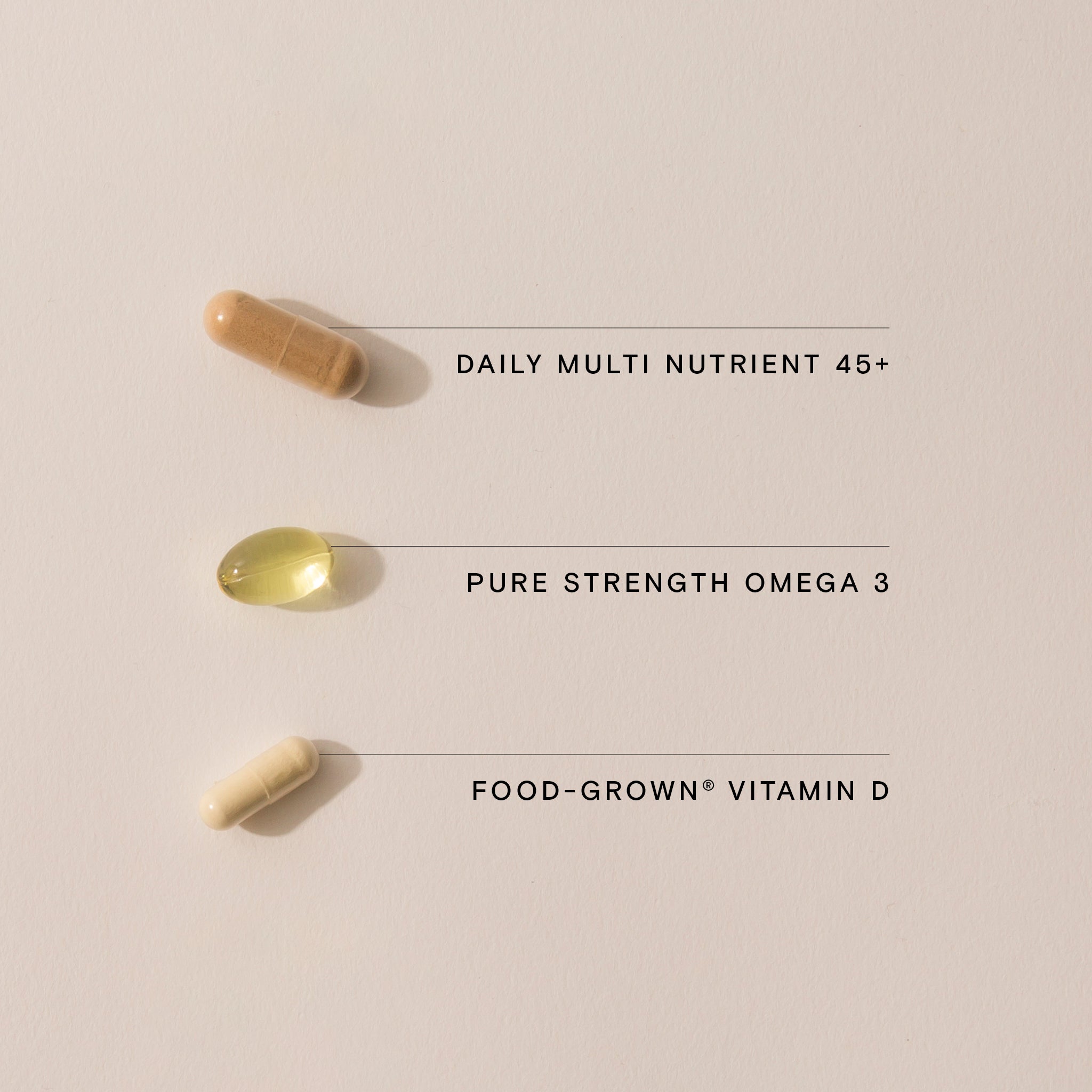 Three labeled supplement capsules from Wild Nutrition including Daily Multi Nutrient 45+, Pure Strength Omega 3, and Food-Grown Vitamin D