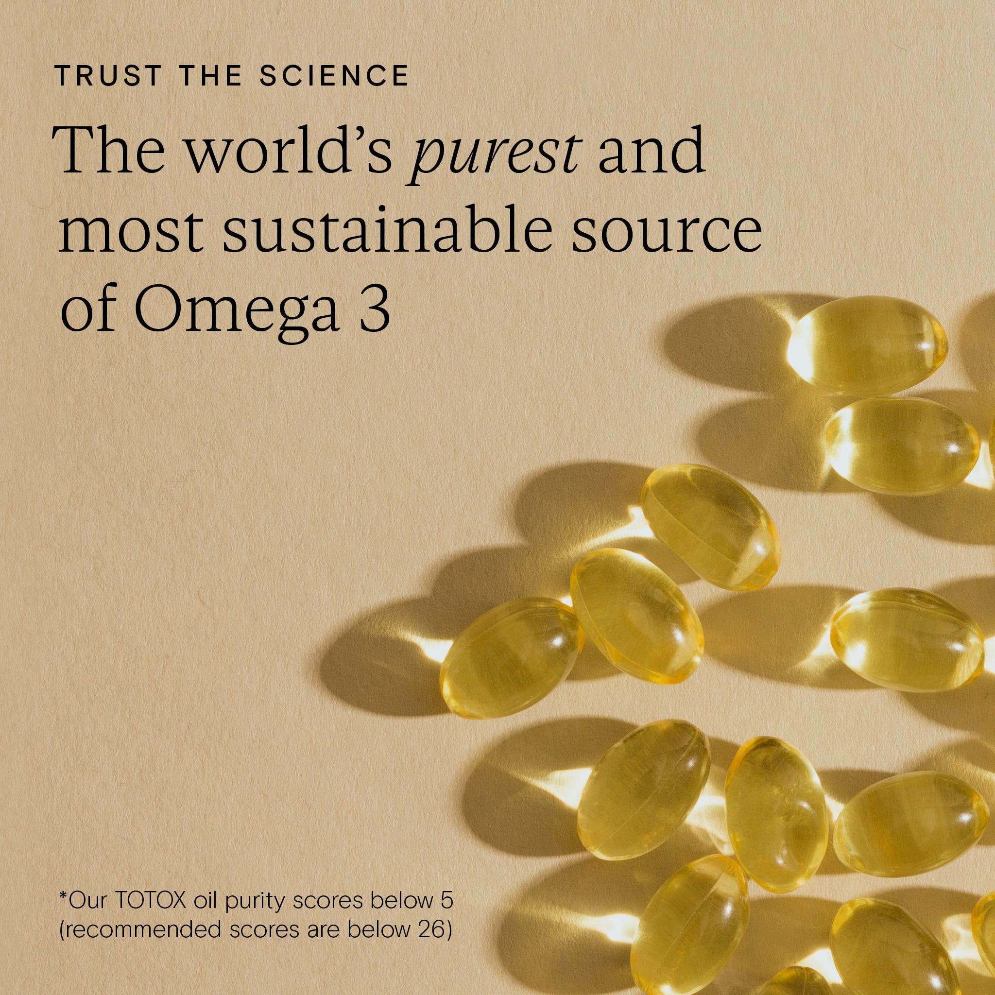 Sustainable Omega 3 capsules with purity claim, showing Wild Nutrition’s TOTOX score below 5 for premium oil quality and environmental care