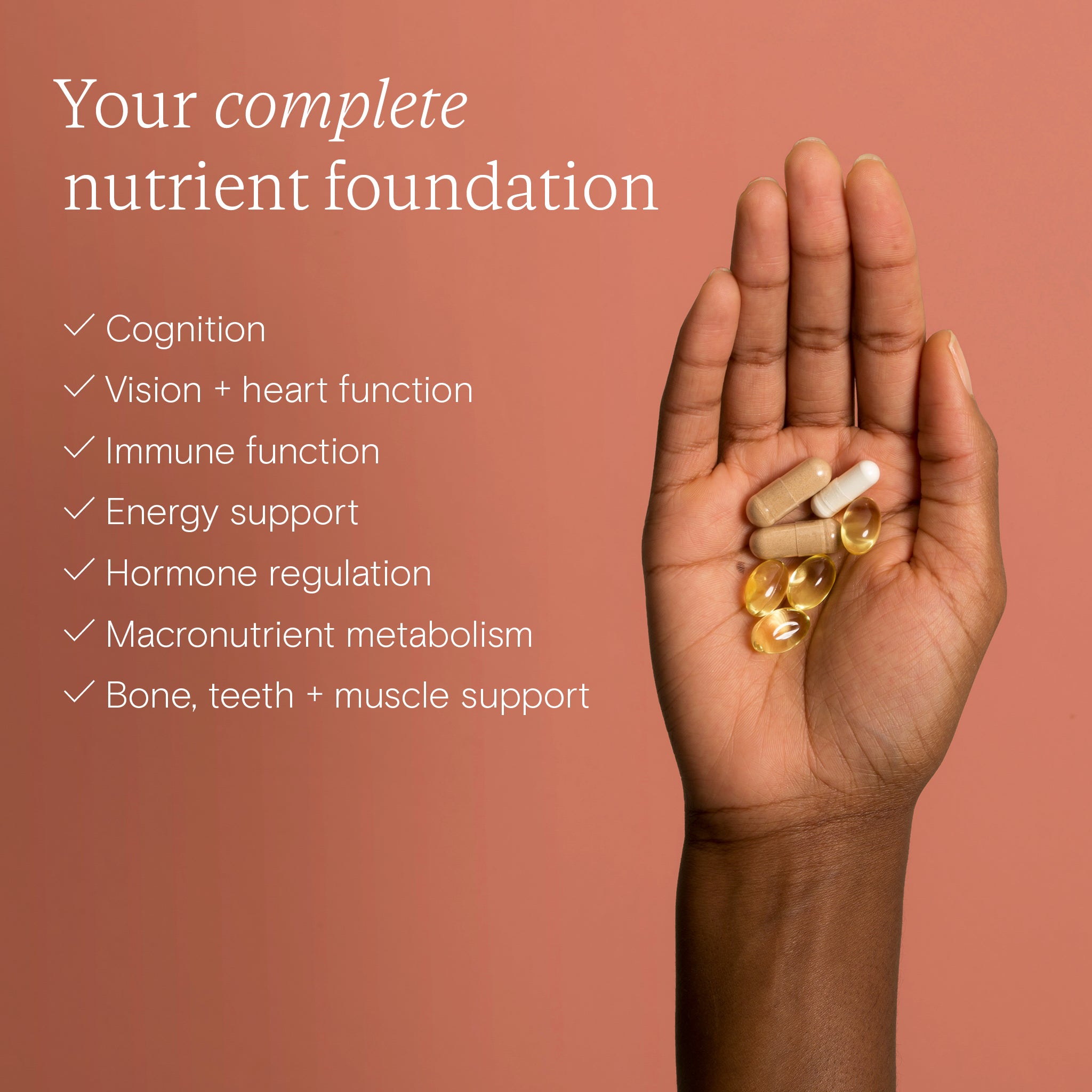Hand holding Wild Nutrition Daily Essentials for Women capsules with text highlighting benefits including cognition, hormone regulation, and immune support.