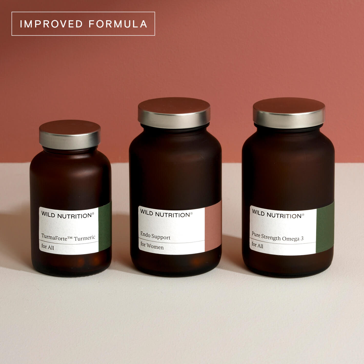 Endo Support Trio by Wild Nutrition featuring turmeric, women's support, and Omega 3 formulas in amber bottles.