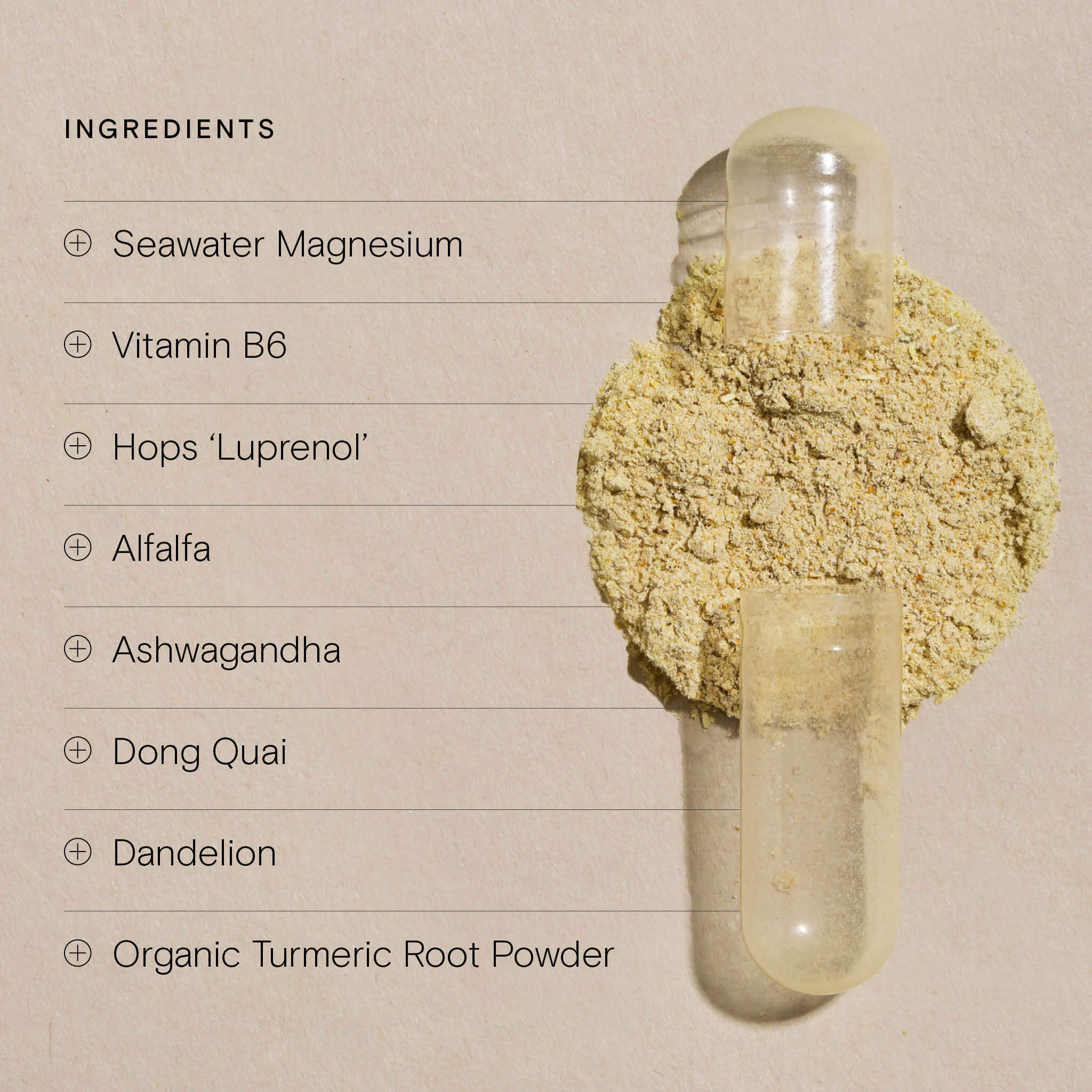 Close-up of supplement ingredients, powder and capsules on beige background