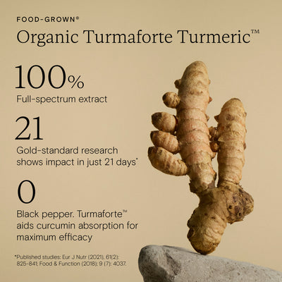 Organic Turmaforte Turmeric supplement product image on beige background