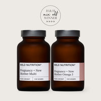 Wild Nutrition Pregnancy + New Mother Multi and Omega 3 duo in amber bottles for maternal and fetal health support.