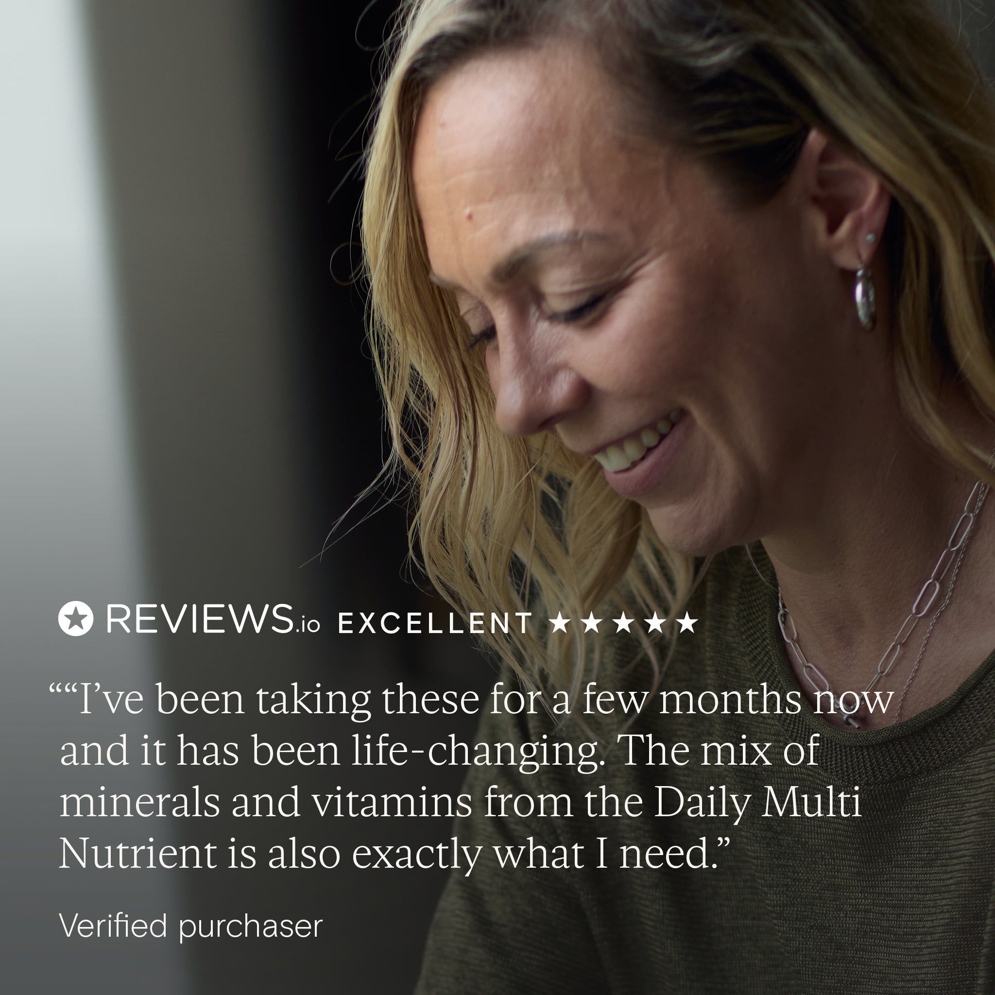 Wild Nutrition customer testimonial praising Daily Multi Nutrient as life-changing, with five-star Reviews.io rating