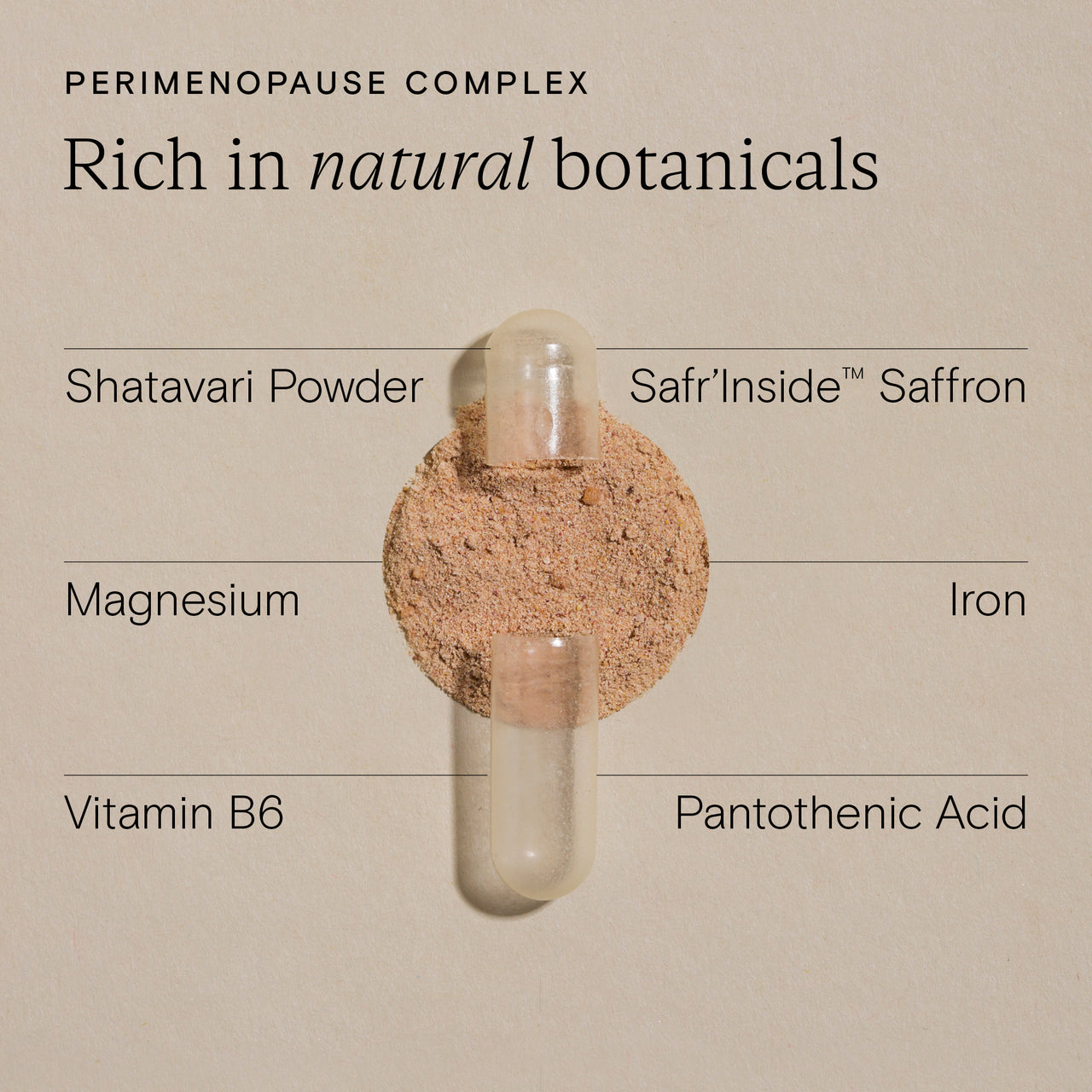 Wild Nutrition Perimenopause Complex capsule opened to show natural botanicals including Shatavari, saffron, magnesium, iron, and vitamin B6