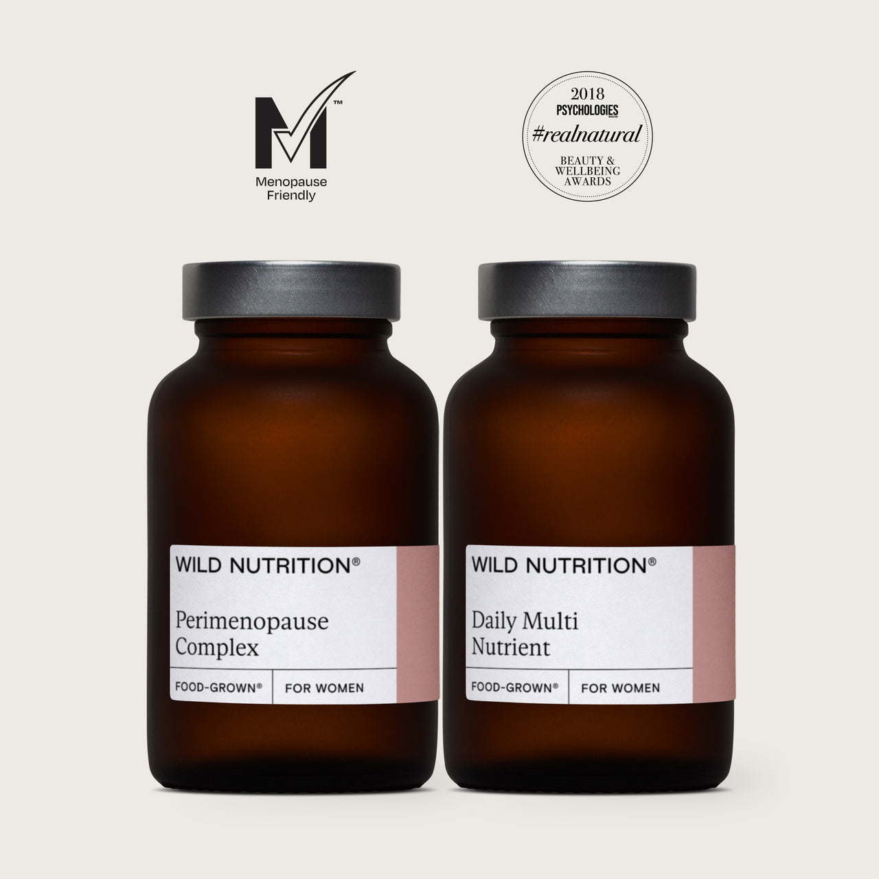 Wild Nutrition Perimenopause Complex and Daily Multi Nutrient Food-Grown supplements for women with menopause-friendly and beauty awards