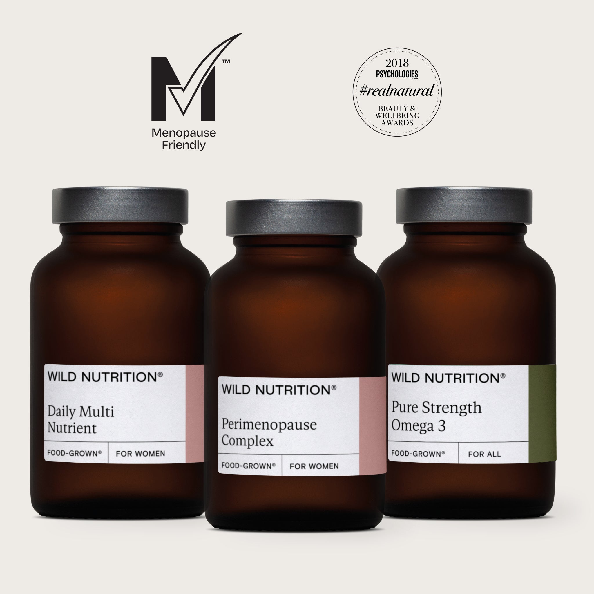 Perimenopause Support Trio from Wild Nutrition featuring Daily Multi, Perimenopause Complex, and Pure Strength Omega 3.