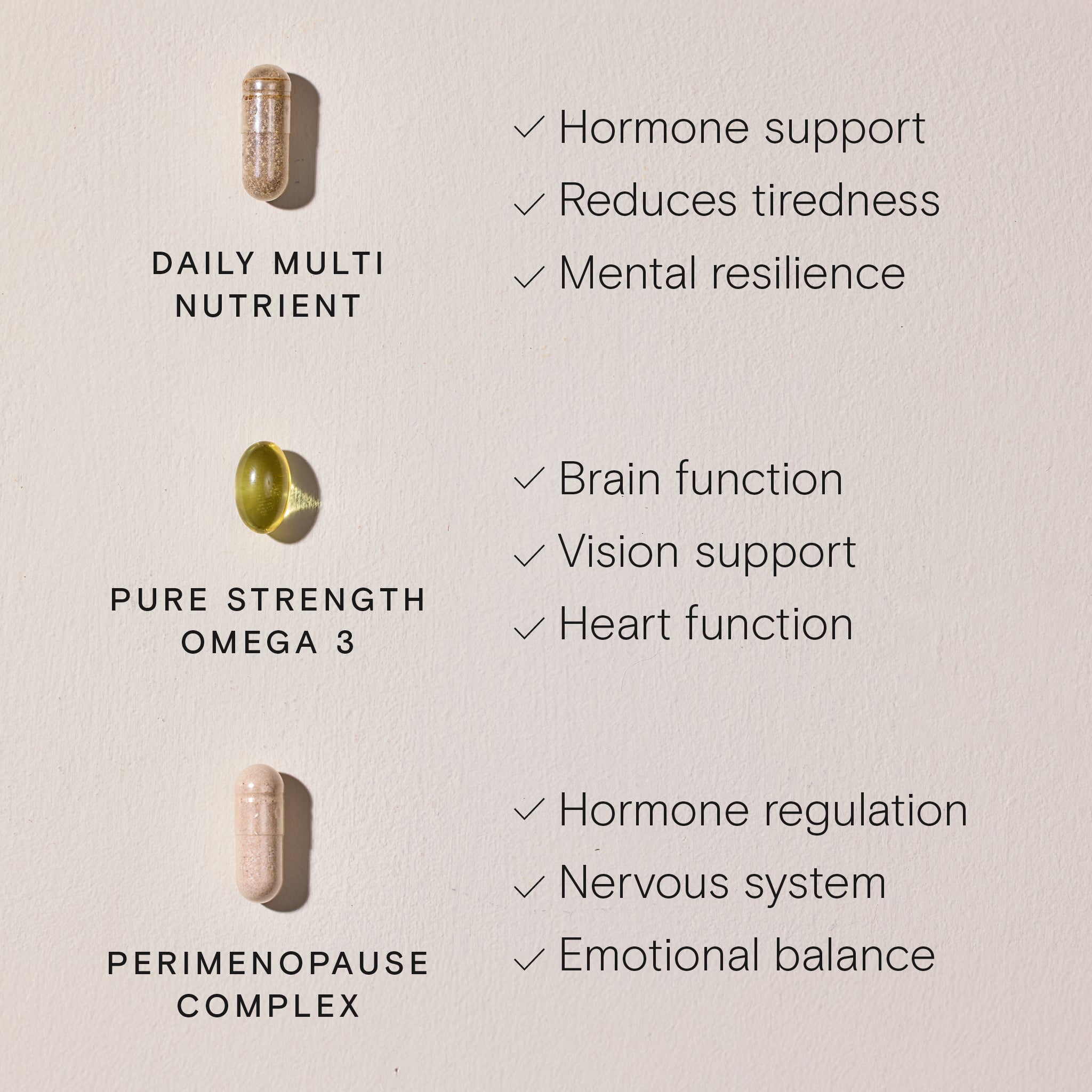 Perimenopause Support Trio: Daily Multi Nutrient, Pure Strength Omega 3, and Perimenopause Complex for hormone and emotional balance.