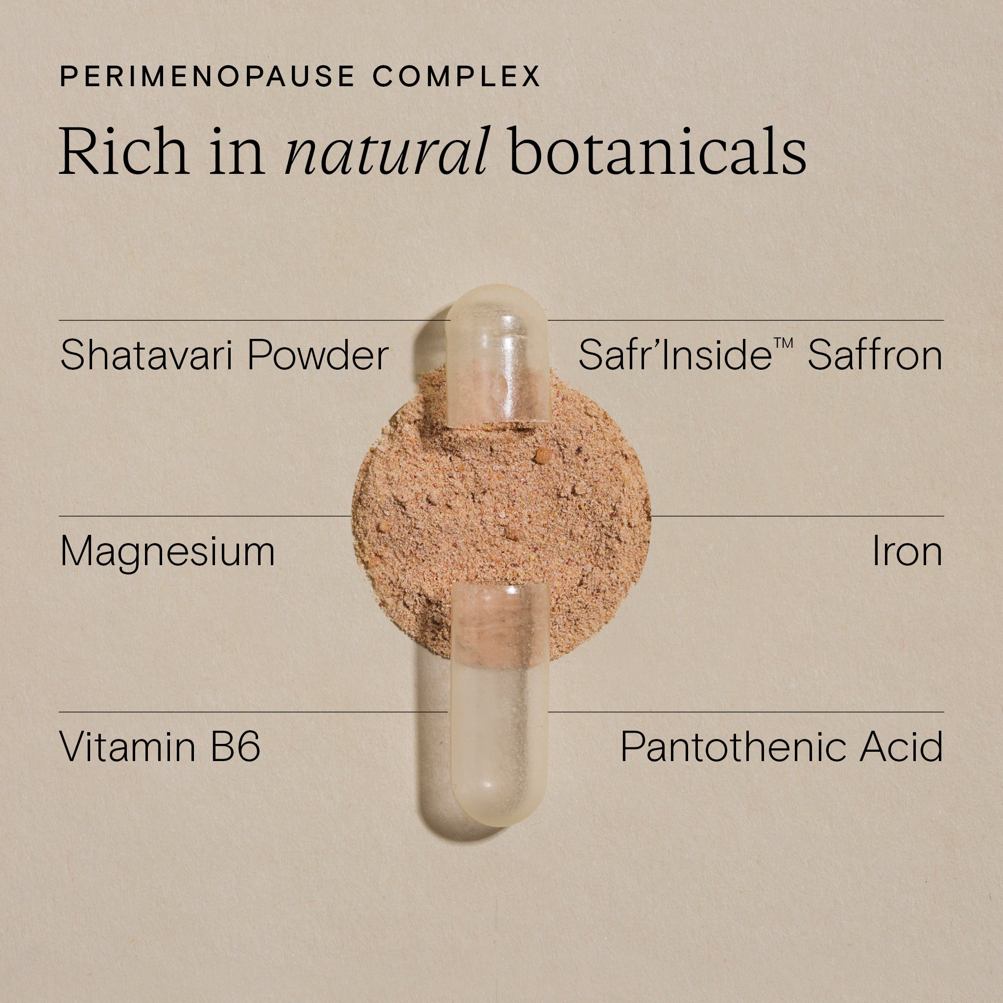 Perimenopause Support Trio ingredients list, highlighting natural botanicals like Shatavari, saffron, magnesium, and iron.