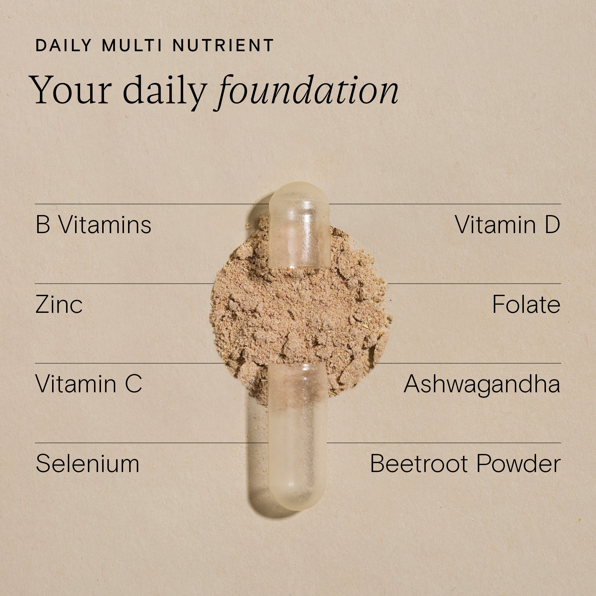 Daily multi nutrient ingredients including B vitamins, vitamin D, zinc, and more for hormonal support.