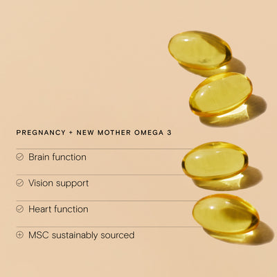 Yellow omega 3 capsules on a beige background with text about the benefits of wild nutrition pregnancy omega 3 supplements.