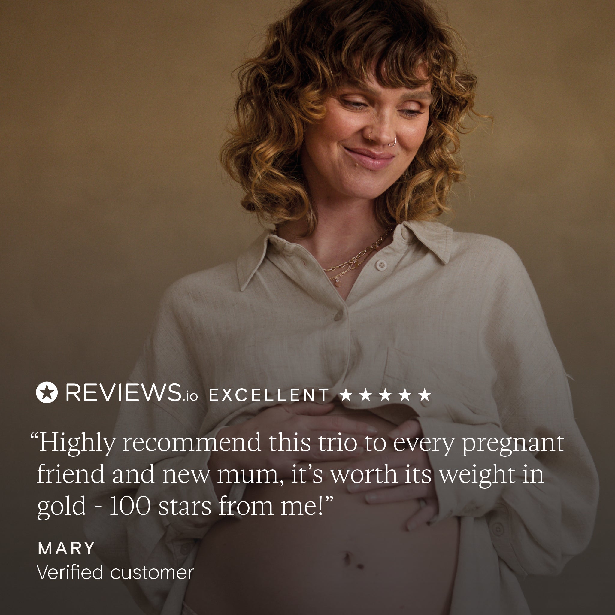 Pregnant woman smiling with testimonial about Pregnancy + New Mother Support Trio, praising its value for mothers.