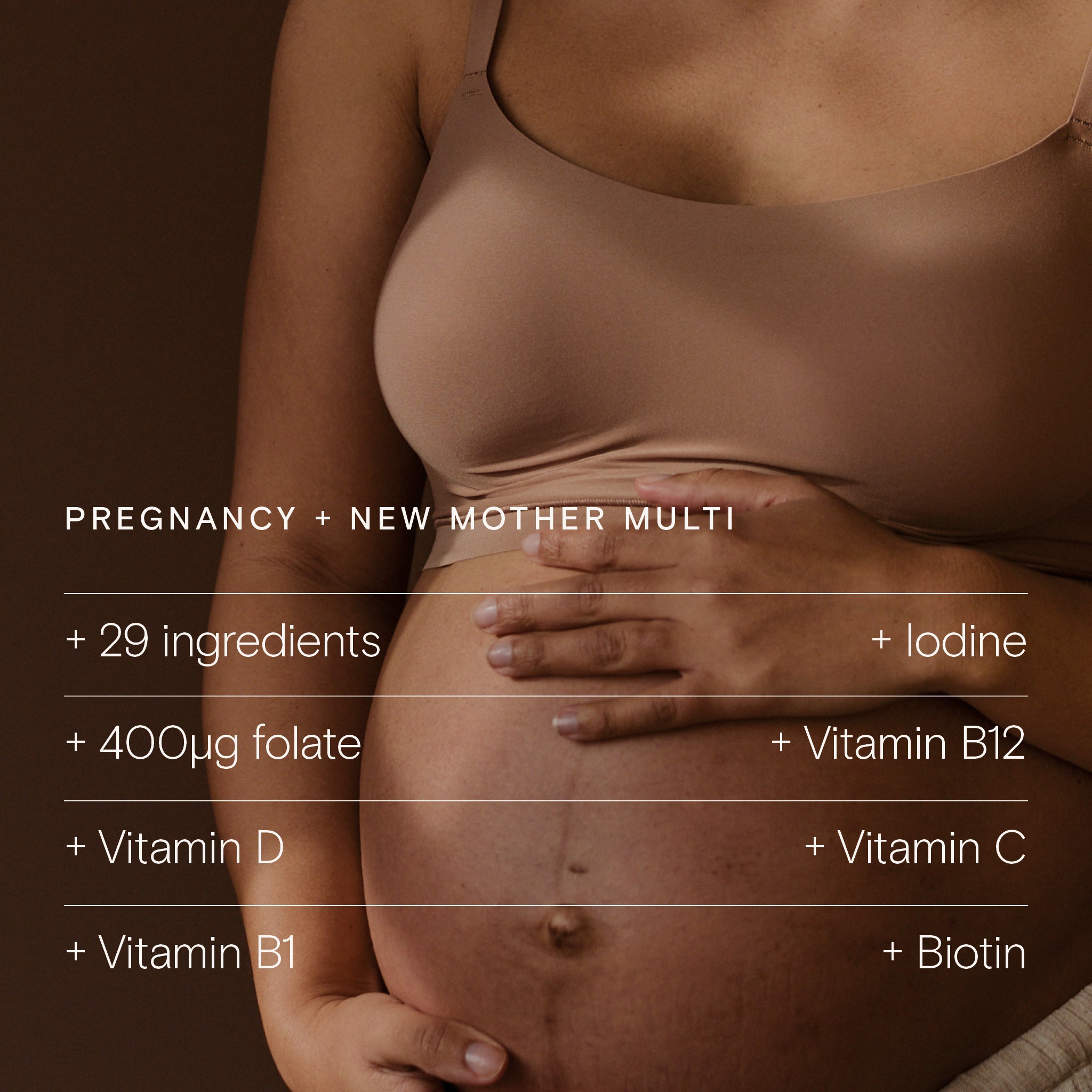 Pregnancy + New Mother Multi supplement details, highlighting key vitamins and minerals for breastfeeding support.