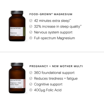 Two bottles of Wild Nutrition supplements with text highlighting benefits on a white background.