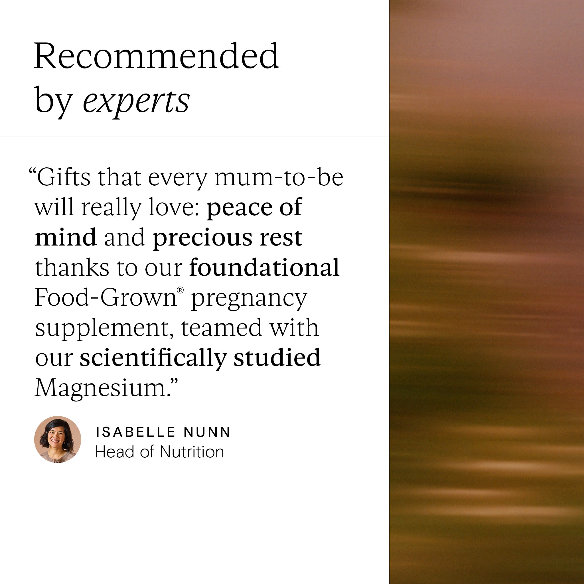 Text overlay with promotional message about wild nutritions pregnancy supplement, featuring head of nutritions endorsement.