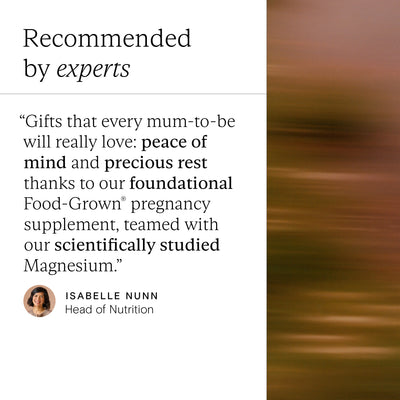 Text overlay with promotional message about wild nutritions pregnancy supplement, featuring head of nutritions endorsement.