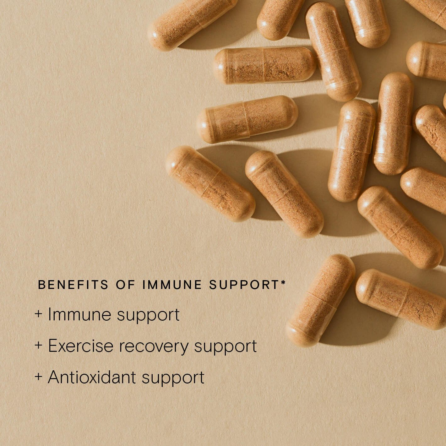 Immune Support Duo capsules on a beige surface highlighting benefits such as immune support, exercise recovery, and antioxidants.