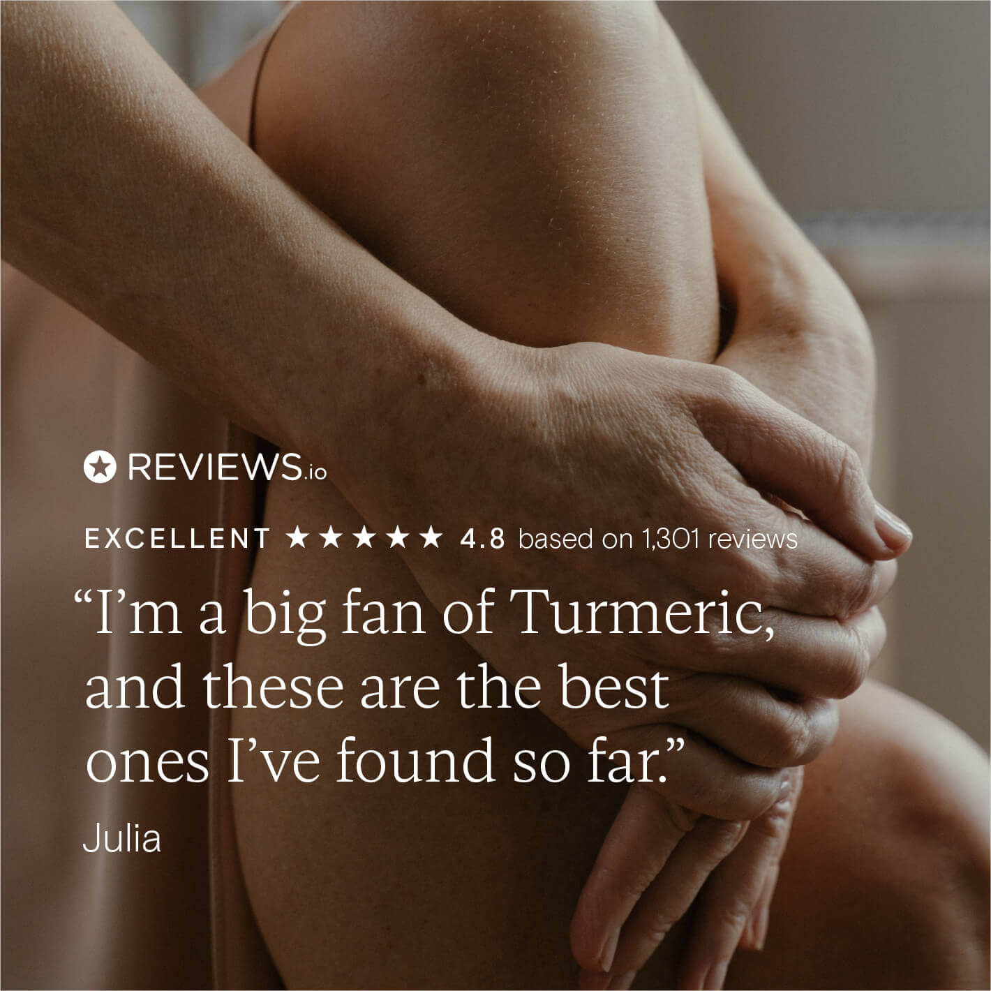 Close-up of woman holding her leg with positive turmeric supplement review and five star rating