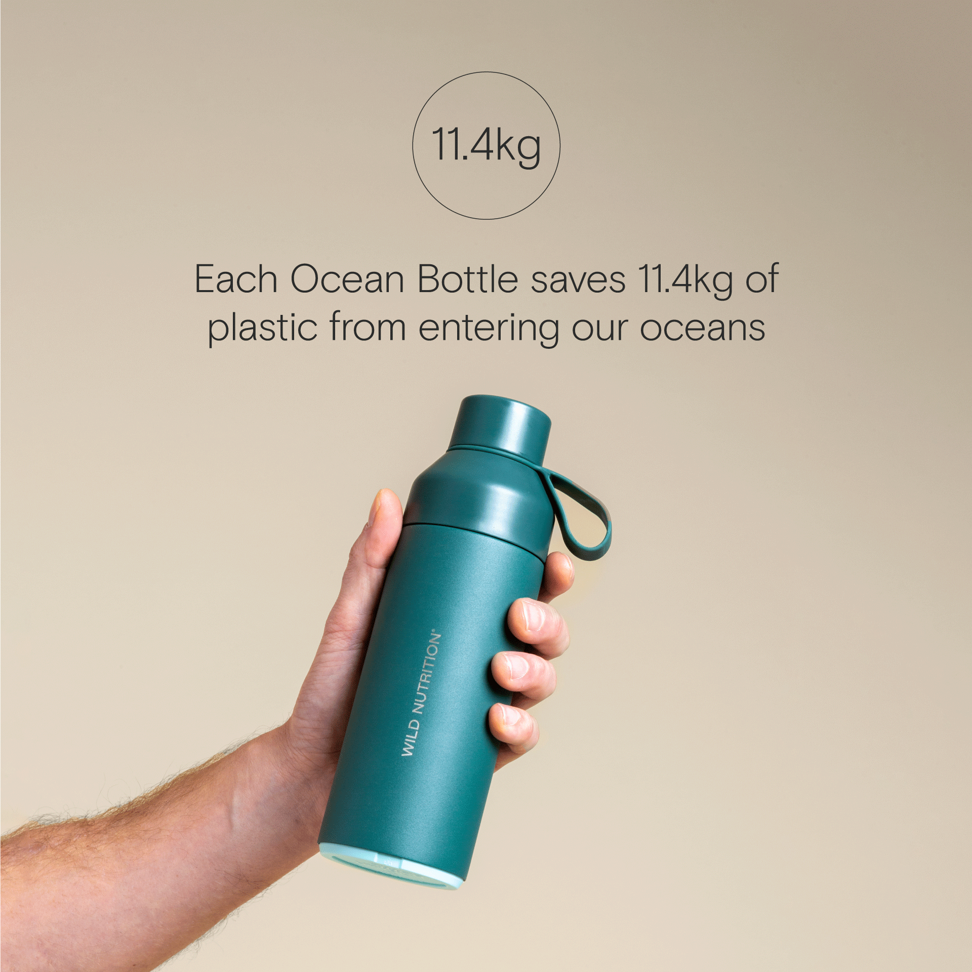 Hand holding Wild Nutrition Ocean Bottle with text stating each bottle saves 11.4kg of plastic from entering the ocean