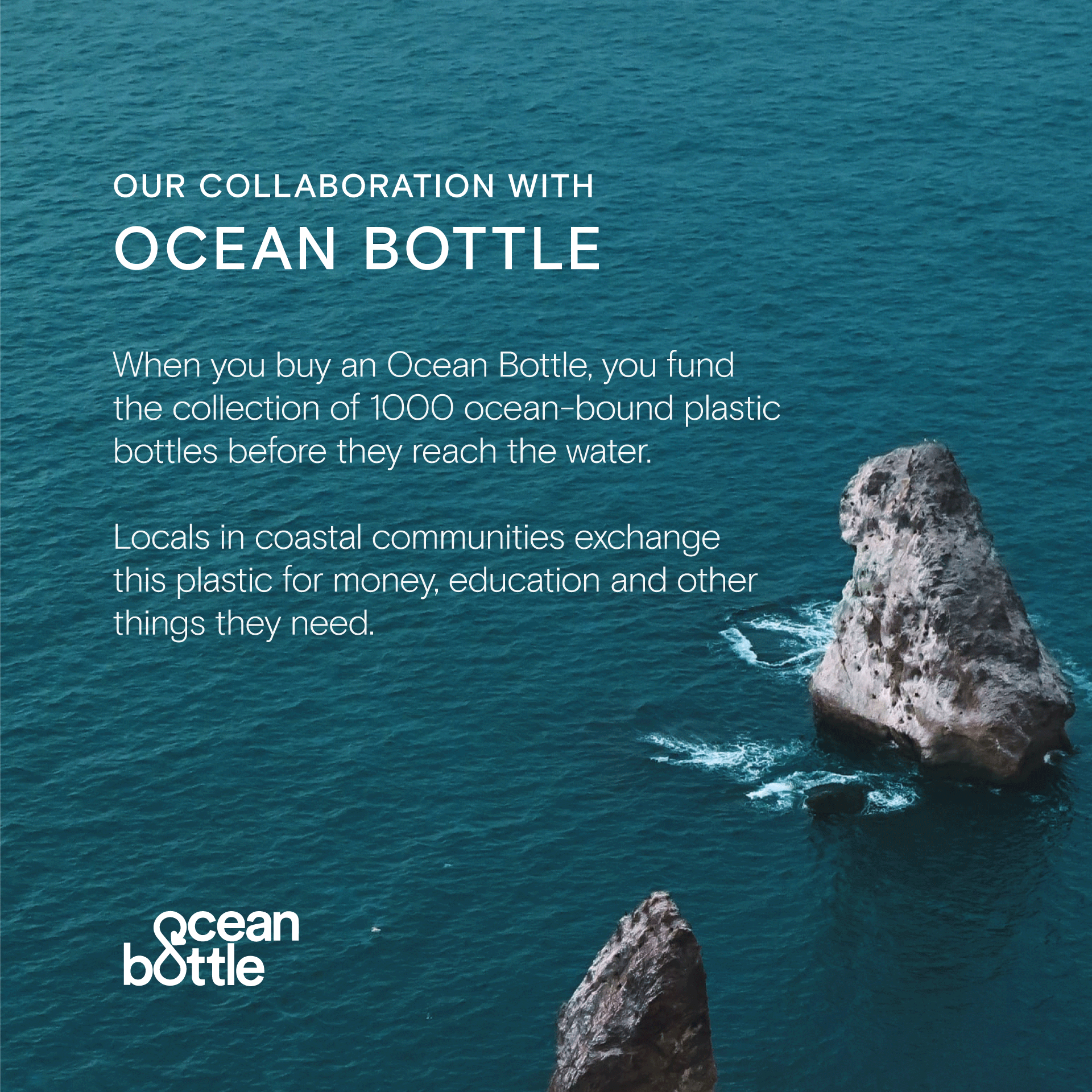 Ocean Bottle collaboration graphic promoting ocean-bound plastic collection and community support.