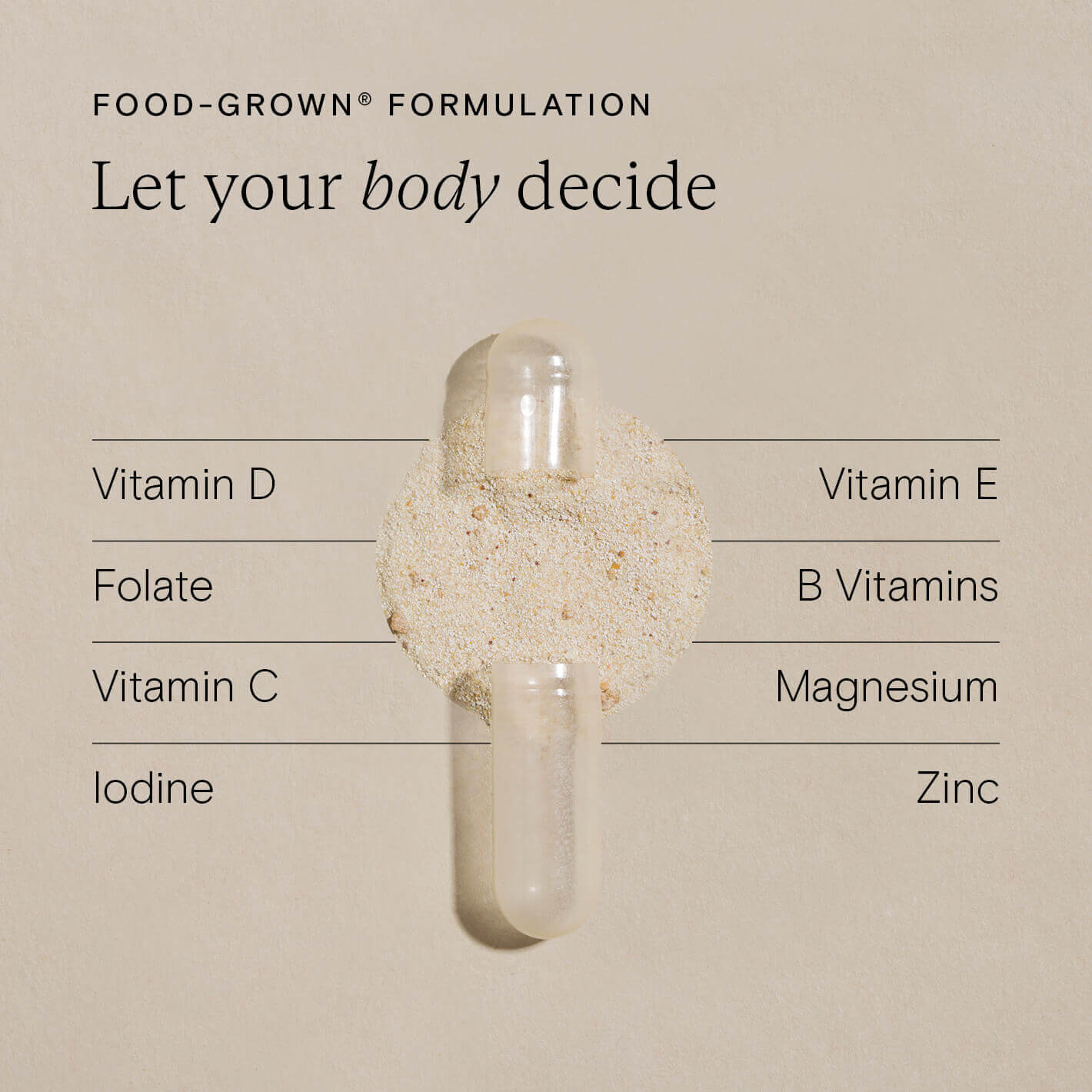 Image of a food-grown supplement capsule with vitamins and minerals listed, emphasizing nutritional support.