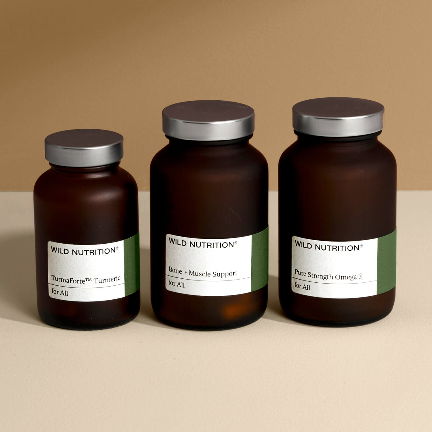 Wild Nutrition Joint + Bone Support Trio featuring TurmaForce™, Bone + Muscle Support, and Pure Strength Omega 3.