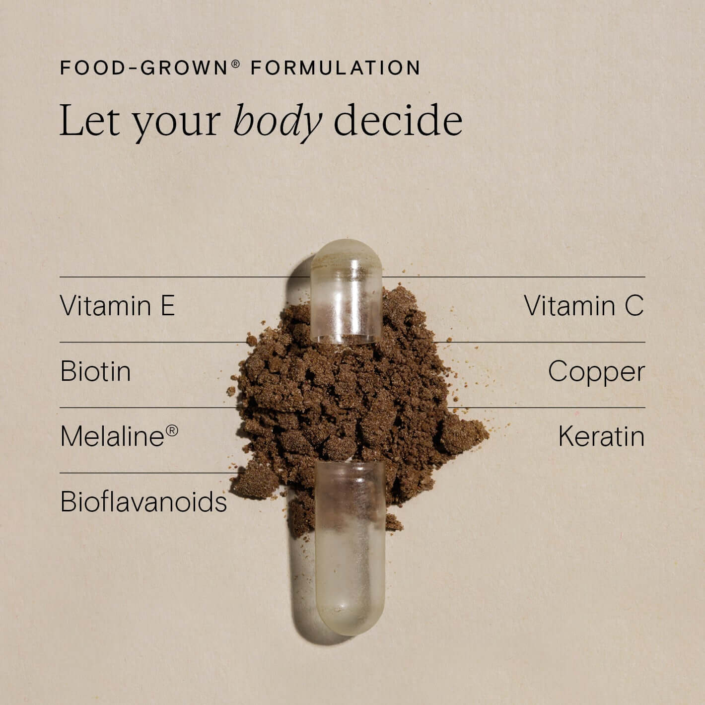 Food-Grown® Natural Glow ingredients including Melaline®, vitamins, and bioflavonoids for skin health.
