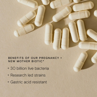 pregnancy + new mother biotic beenfits are 30 billion live bacteria, research led strains and gastric acid resistant