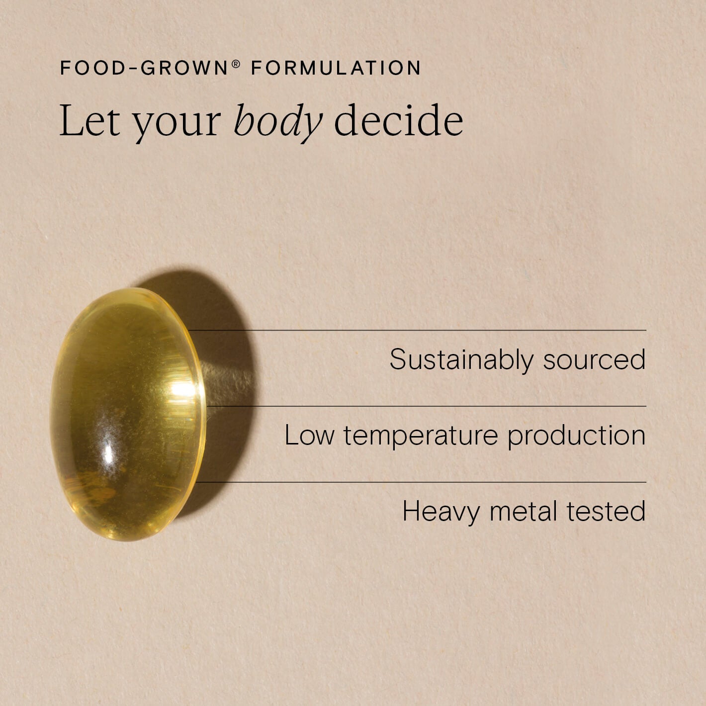 Food-Grown® Pregnancy + New Mother Omega 3 capsule on beige background, highlighting purity and sustainability.
