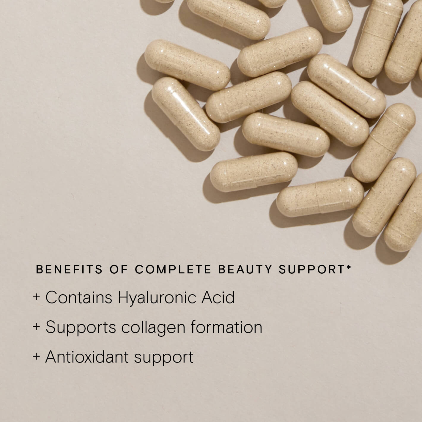 Complete Beauty Support capsules showcasing benefits of Hyaluronic Acid, collagen formation, and antioxidant support.