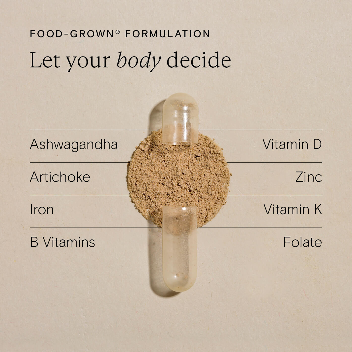 Food-grown formulation image showcasing vitamins and nutrients like Ashwagandha, Zinc, and B Vitamins.